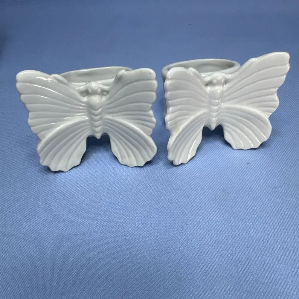 Vintage Ceramic Fitz and Floyd Napkin Rings White Butterfly Set of 2 Japan